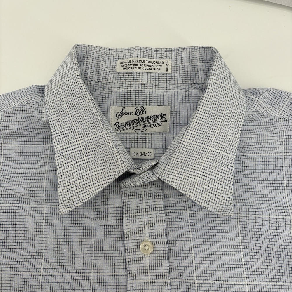 VTG Sears Roebuck Co Mens 16.5 Short Sleeve Blue Plaid Button Up Single Needle